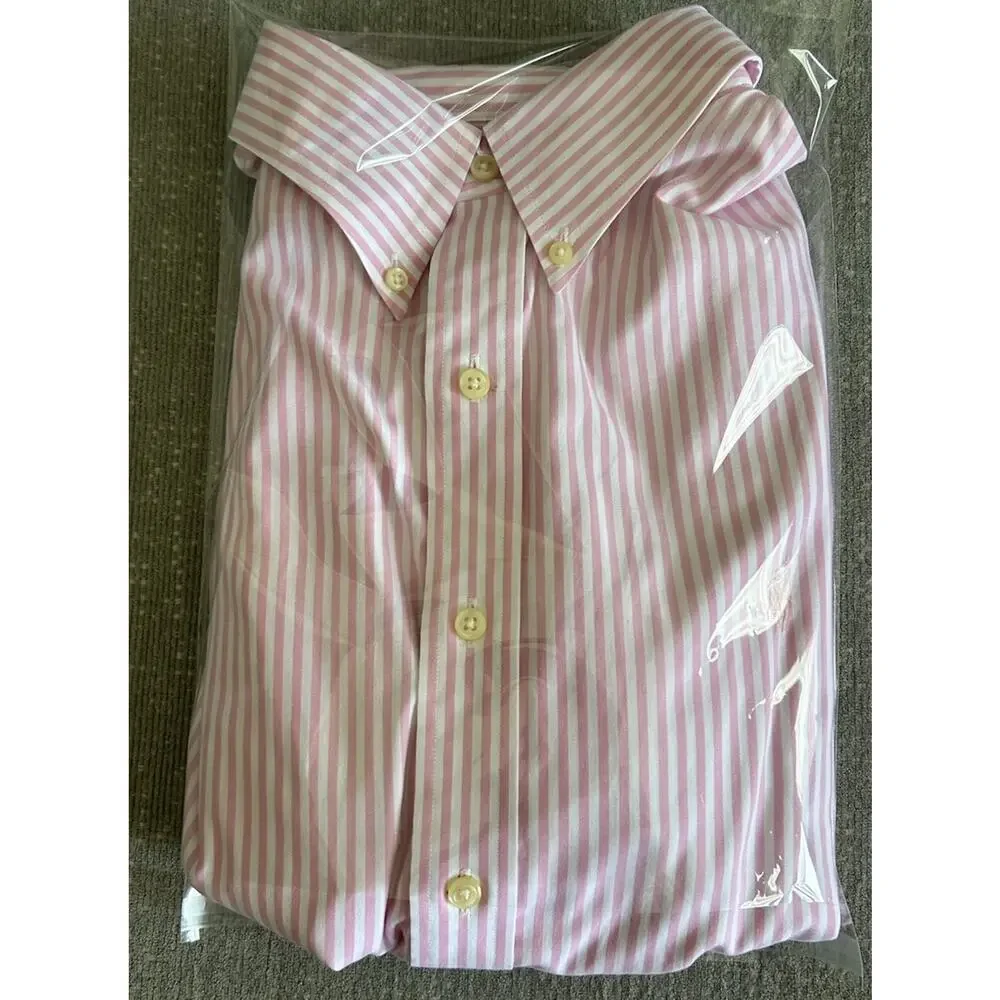 Polo Ralph  Mens Pink White Striped Non-Iron Button Down Shirt 16 1/2 34 35